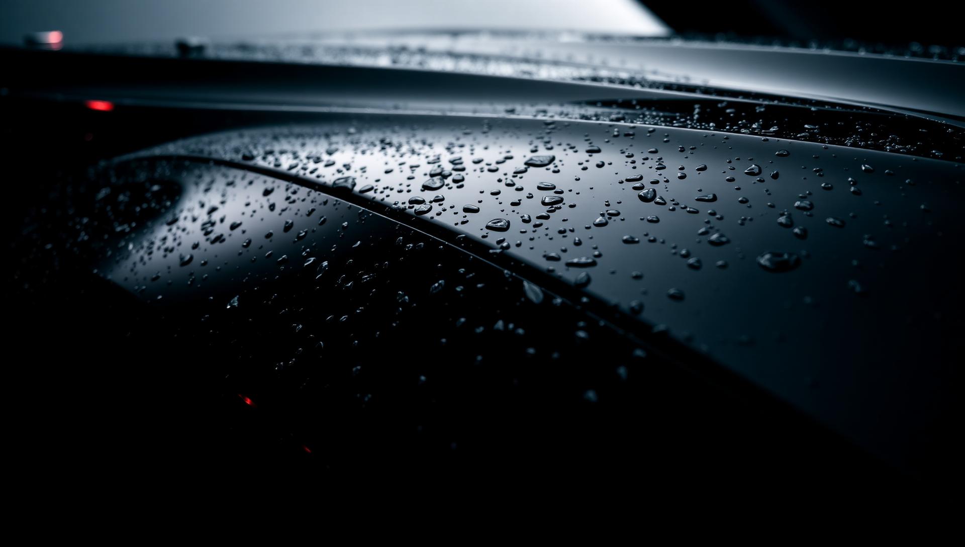 Water beading on a freshly protected glossy black car surface